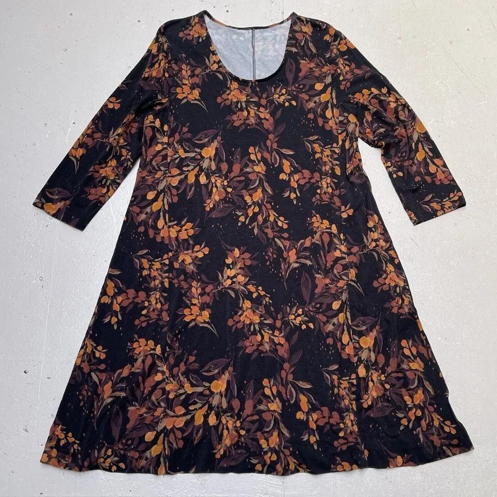 Garnet Hill Jersey Knit Dress Womens Large Tencel Scoop Neck 3/4 Sleeves Midi
